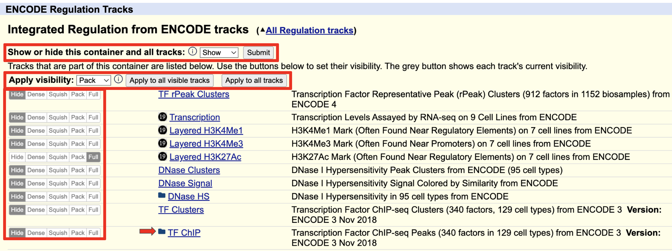 Updated SuperTrack configuration
  page showing new Show/Hide container control, Apply visibility buttons, per-track
  Hide/Dense/Squish/Pack/Full visibility buttons, and folder icons for container tracks